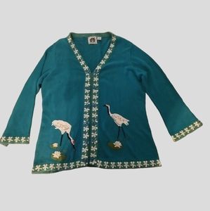 Rare Storybook Knits Sweater Cardigan Stork Lilypad Blue HSN Women's Size 2X
